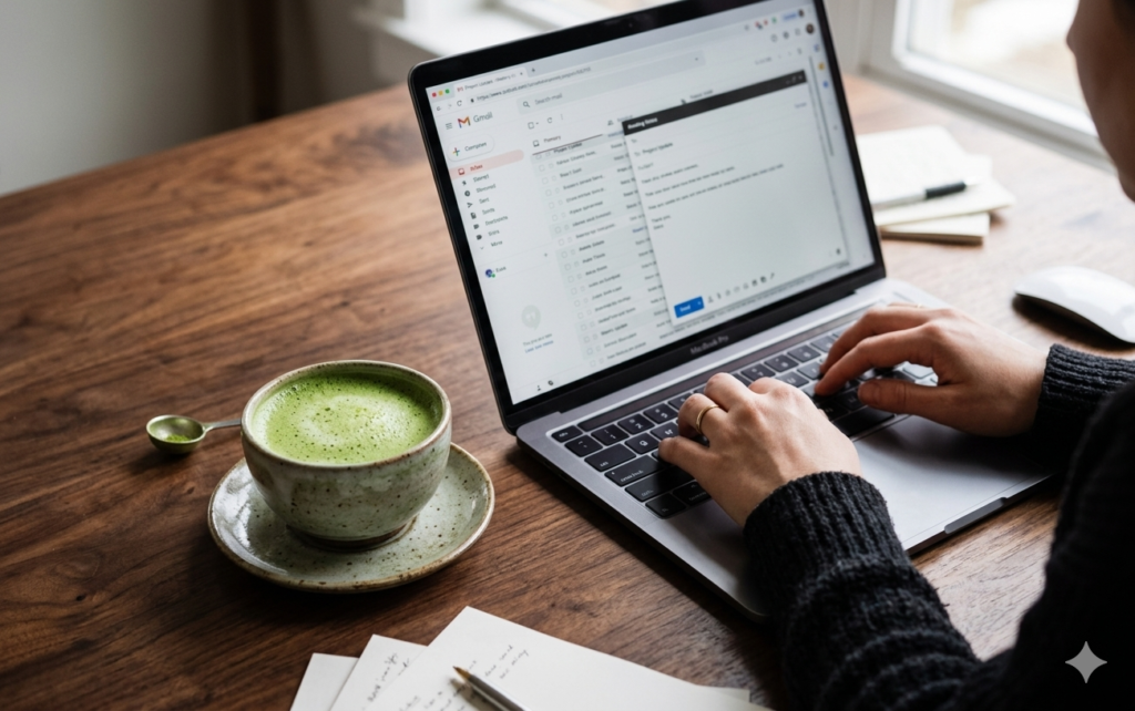 Persona escribiendo email en una laptop junto a un matcha caliente