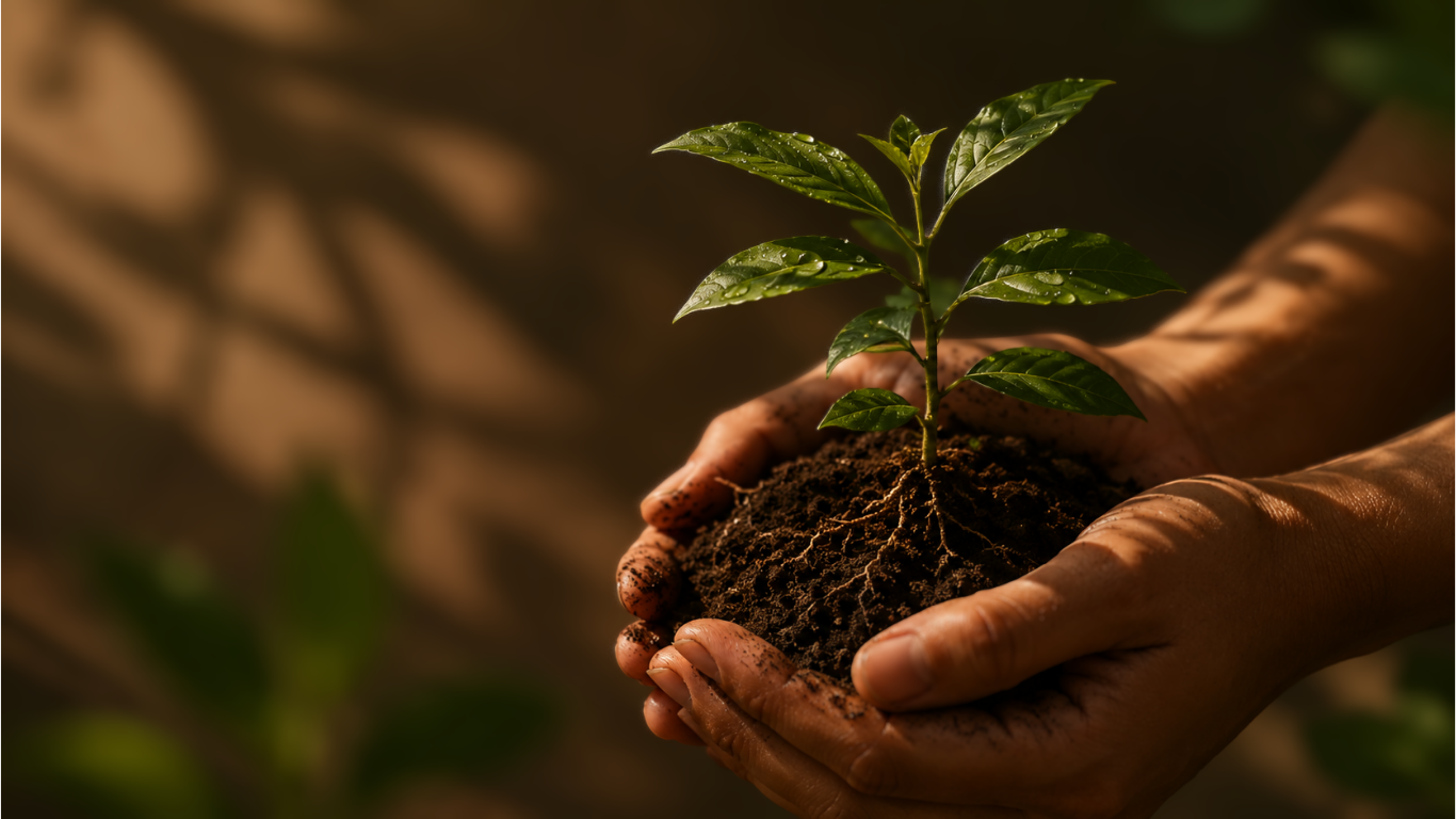 Dos manos sosteniendo una planta con tierra