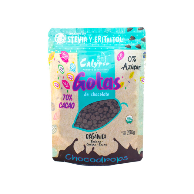 gotas de chocolate sin azúcar 70% cacao orgánico Calypso Raisana