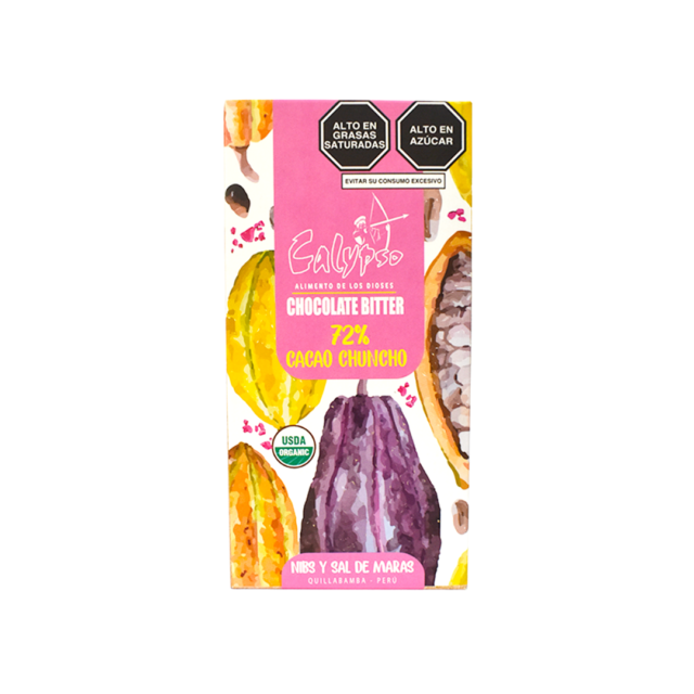 chocolate 72% cacao orgánico nibs sal de Maras Calypso Raisana