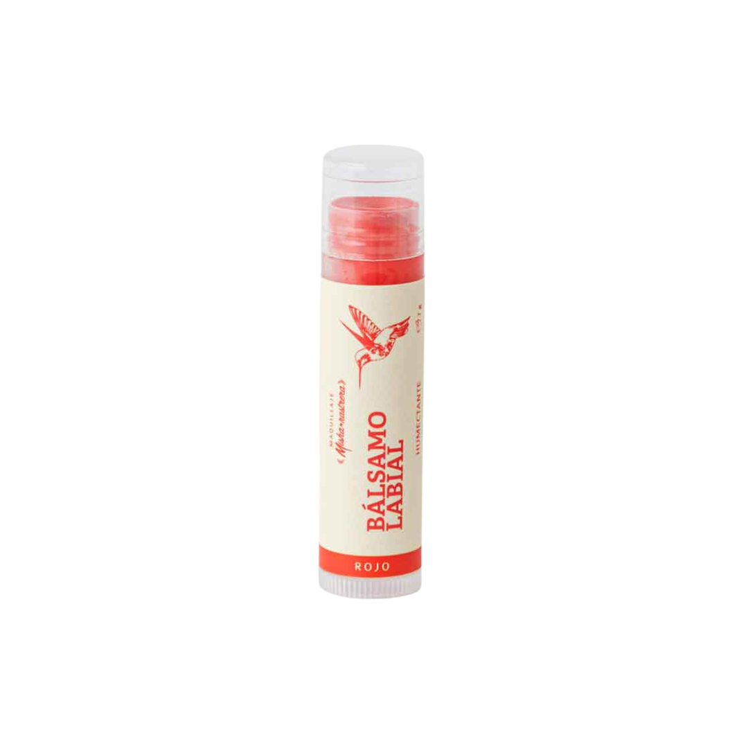 bálsamo labial rojo con color natural Misha Rastrera Raisana