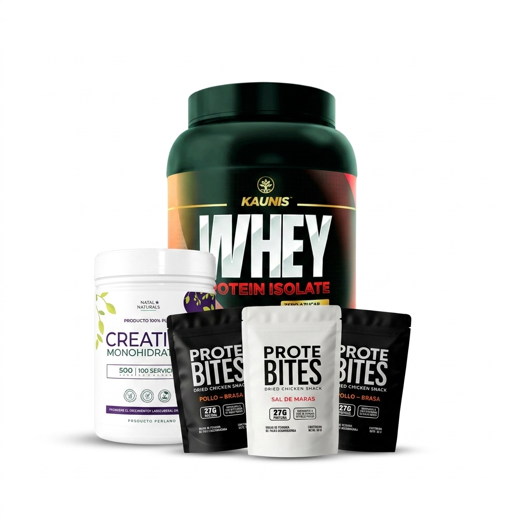 pack gym con proteína whey, creatina y snacks proteicos Raisana